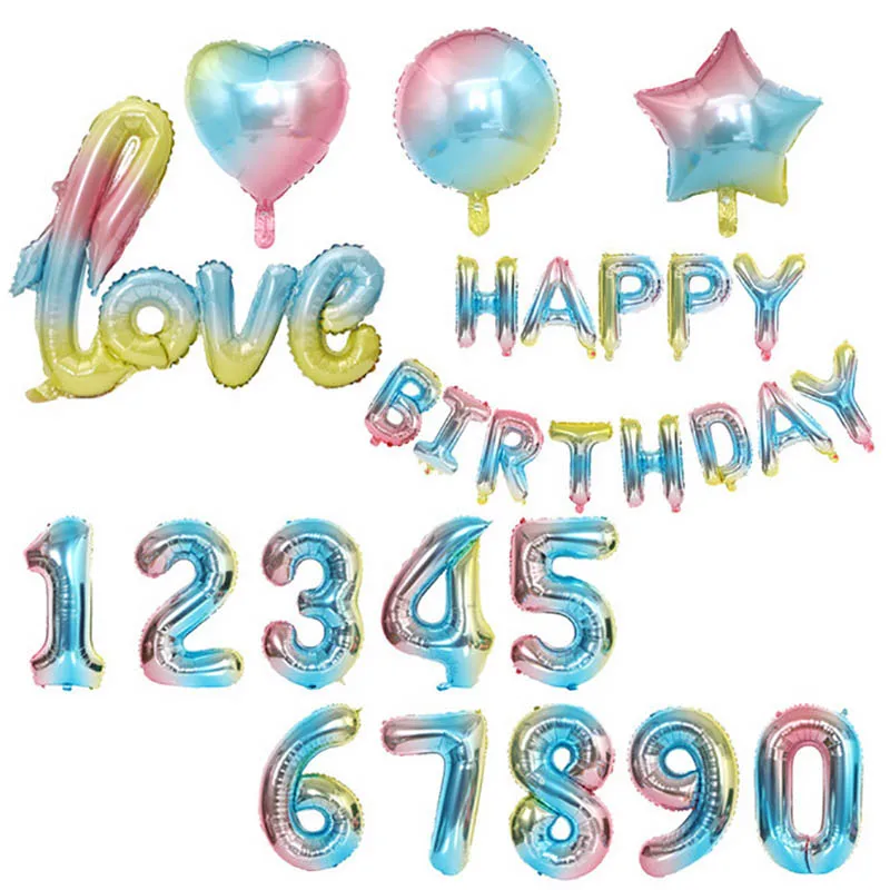 

Children's Happy Birthday Balloons Foil Gradient Rainbow Star Heart Number Ballons Letter Balon Helium Baloes Wedding Balloon