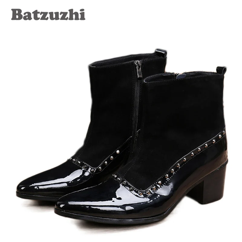 

Batzuzhi 6.8cm Heels Men Short Boots Western Style Black Leather Boots Men Pointed Toe Height Increased for Men Party, EU38-46