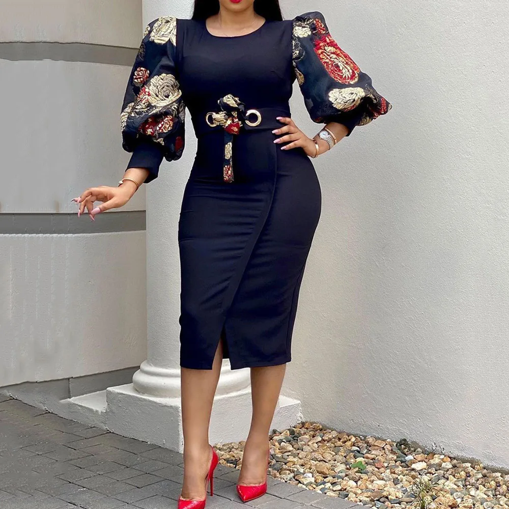 

2021 Midi Dress Bodycon Plus Size African Women Pencil Dress Vintage Floral Print Puff Sleeve Elegant Office Lady Spring Summer