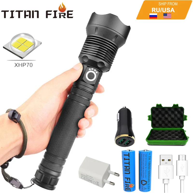 T20 LED Flashlight XHP70.2/XHP50 Powerful LED Torch High Lumens Adjustable Focus USB Rechargeable Handheld Light for Outdoor