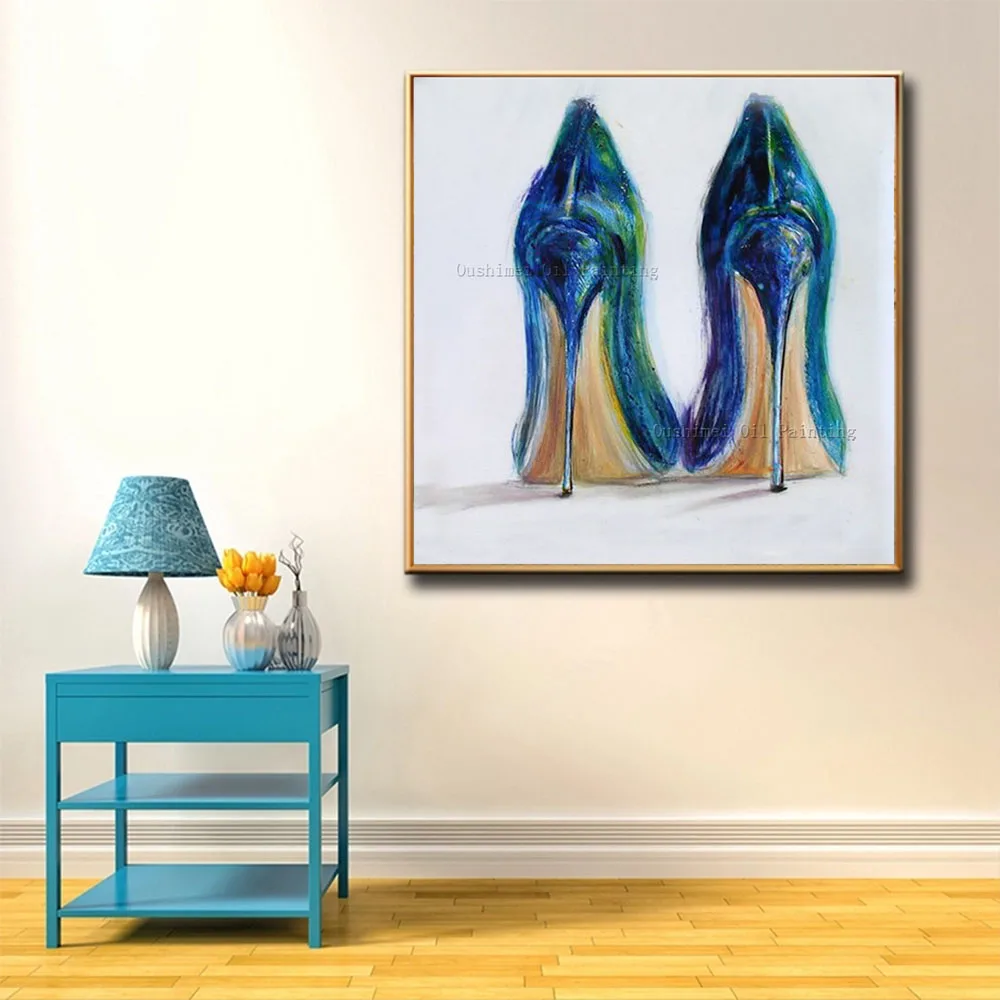 

Handmade Royalblue High Heels Painting Women Shoe Paintings on Canvas New Style Still Life Hang Picture Abstract Oil Painting