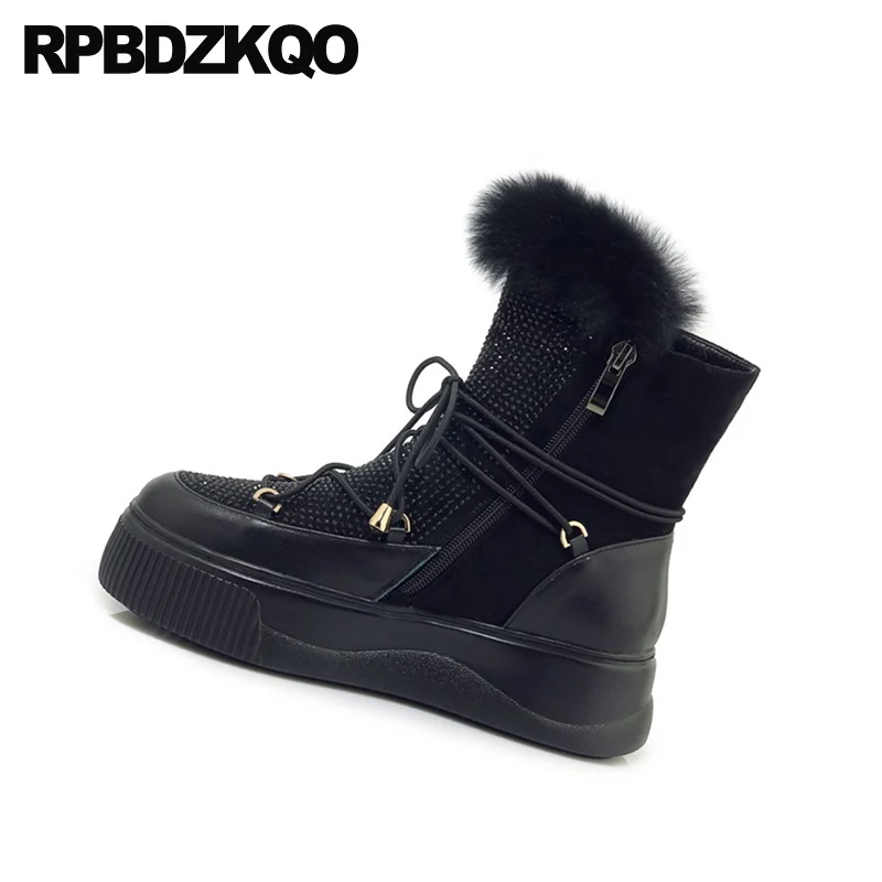 Алмазные пушистые черные меховые роскошные женские ботильоны с лифтом обувь на