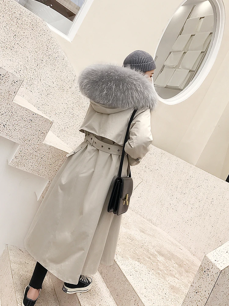 New Female Winter Coat Women Plus Size Fur Liner Real Fur Parka Bat Sleeved Rex Rabbit Fur Coat Mid-length Detachable Warm