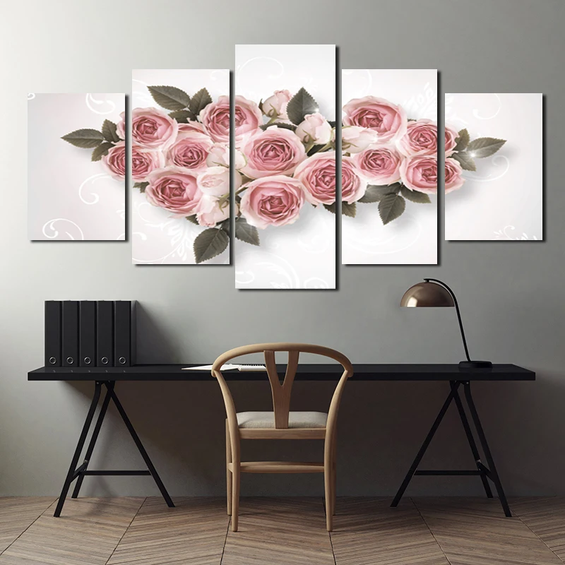 

Canvas Print 5 Pieces Poster Pink Flower Rose Wall Art Picture Nordic Painting for Living Room Bedroom Wall Decor