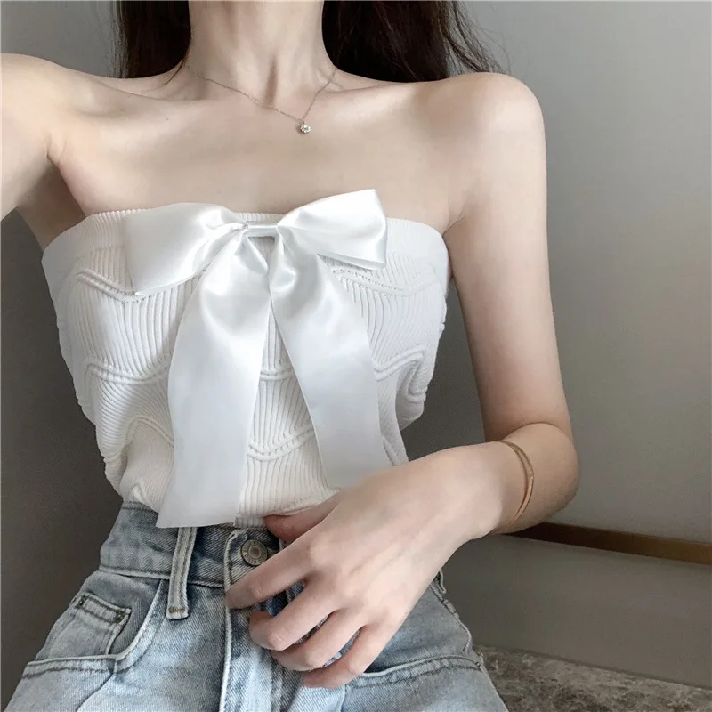 

Bowknot bra 2021 summer new Korean top women's short slim Strapless sweet knitted vest Top