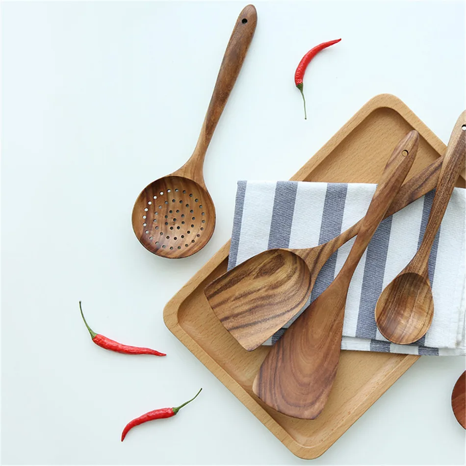 Деревянные кухонные инструменты, кухонные наборы, тайская ложка-Лопатка из тика, дуршлаг, посуда, антипригарная лопата, жаростойкая здоровая посуда
