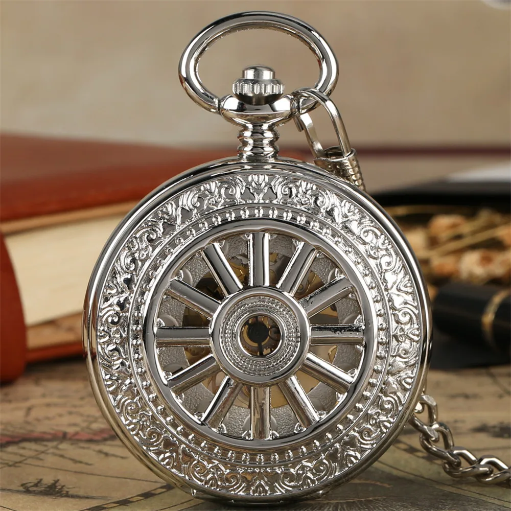 Black/Silver/Gold Hollow Wheel Pattern Mechanical Hand Winding Pocket Watch Vintage Pendant Clock Gifts Pocket Chain Timepiece