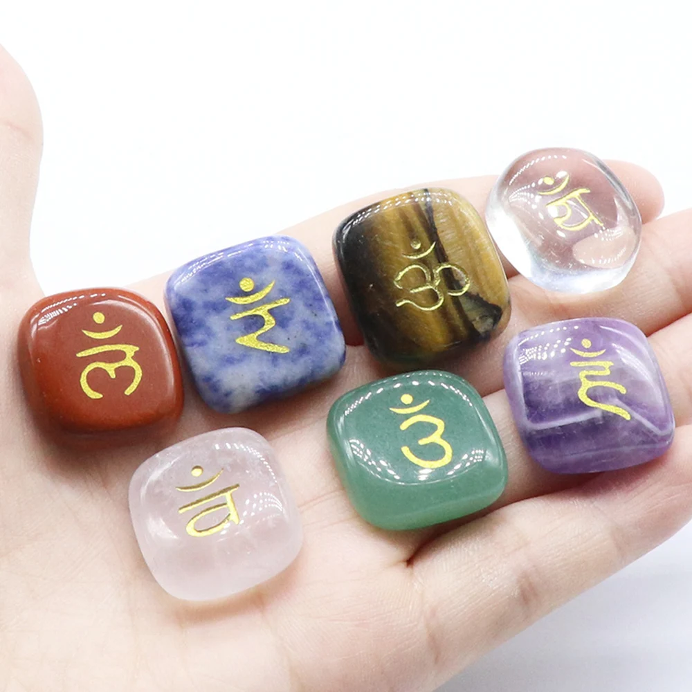 

7 PCS Chakra Natural Stones Clear Quartz Amethyst Beads for Jewelry Making Supplies Engraved Symbols Polished Palm Stone 15-20mm