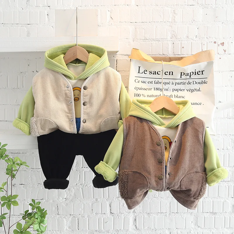 

2022 Winter New Baby Clothing Set Fleece Thicken Pullover Hoodies Vest Pants 3pcs Babys Kids Tracksuit Boys Girls Warm Costume