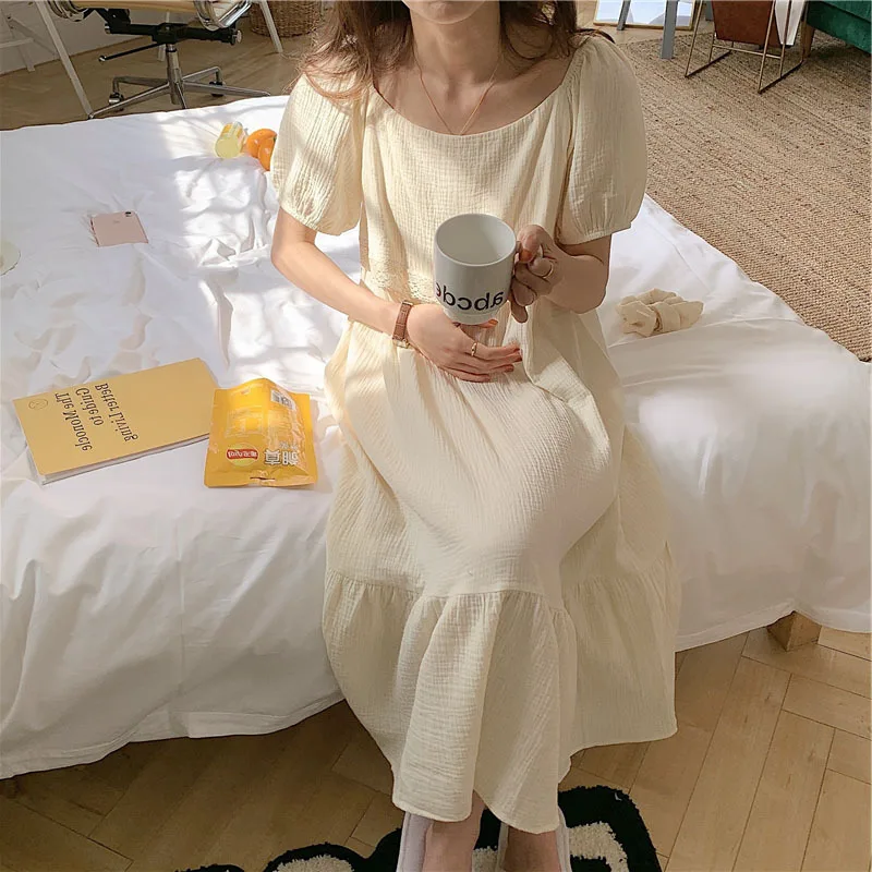 2021 Summer New Korean Pure Cotton Long Skirt Bubble Sleeve Lace Nightgown Home Clothes Women's Nightdress Female Sleepwear