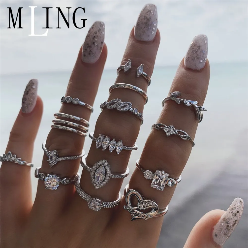 MLING 15 шт./компл. Новое серебряное кольцо с кристаллом винтажные листья капли воды Сердце геометрические Кольца Набор для женщин