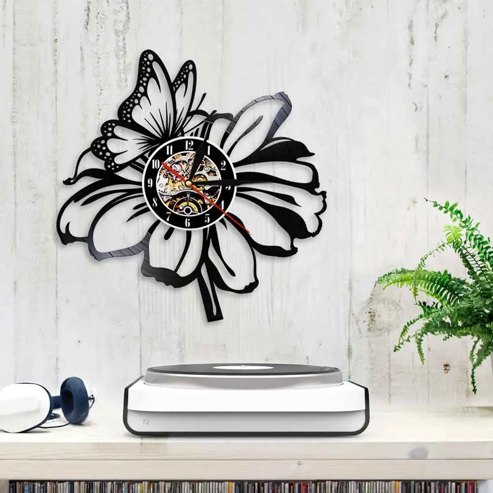 Настенные часы с бабочкой на цветке современный дизайн виниловые природа 3D