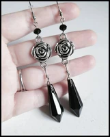 gothic victorian rose and black glass drop dangle earrings