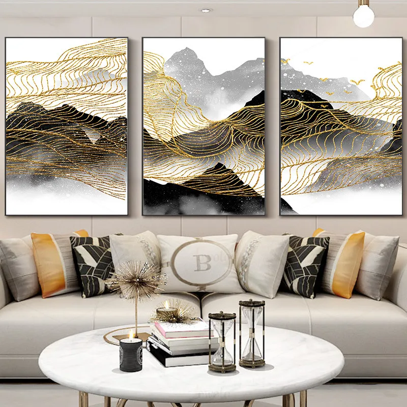 Черно Золотой пейзаж на холсте настенные картины искусство для тумана горы