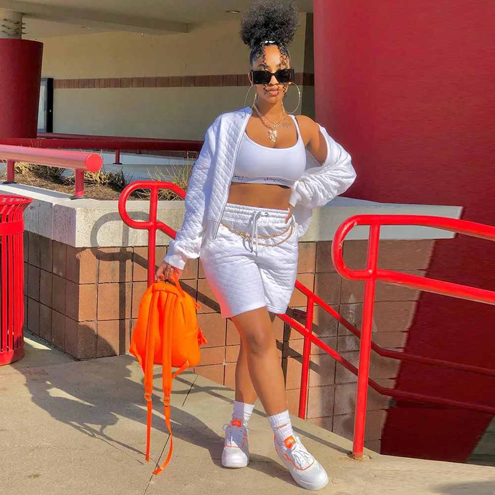 

White Women 3 Three Piece Sport Suit Athleisure Outfits Bandage Tank Top+drawstring Biker Short+long Sleeve Jacket Activewear