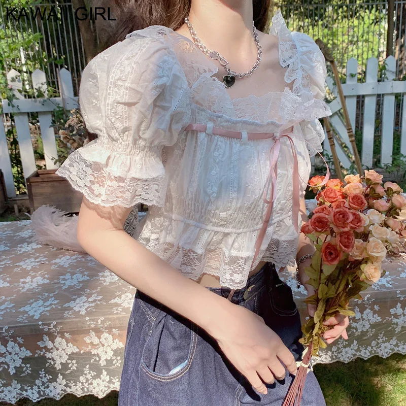 

2022 New Y2k Women Sexy Shirt Lace Ruffle Puff Short Sleeve Off Strapless Slash Neck Crop Tops Kawaii Girl White Chiffon Blouse