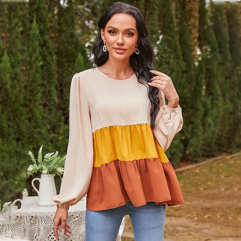 

2021 spring new women's three color splicing round neck casual loose long sleeve T-shirt blouse Free shipping