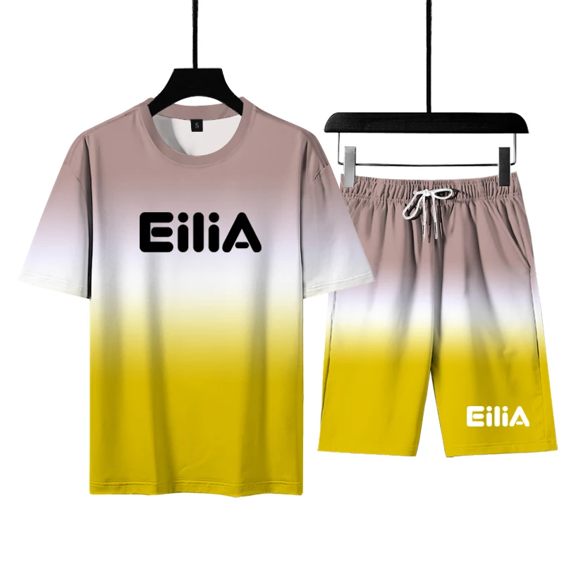 

T-shirt + shorts 2-piece summer slim gradient print casual men's sportswear fitness T-shirt + Shorts 2 sets