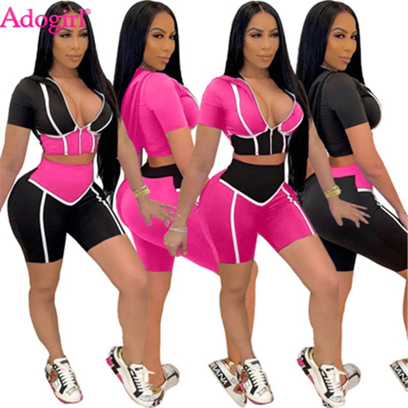 

Adogirl Color Patchwork Women Tracksuit Casual Active Slim Two Piece Set Zipper Short Sleeve Hooded Crop Top Skinny Shorts Suit