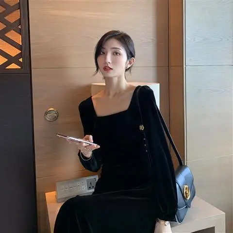 Бархатная Женская юбка с квадратным вырезом платье пышными рукавами осенне