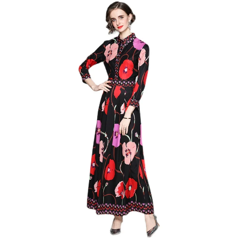 

Spring and autumn women's fashion all-match waist slimming printed long-sleeved dress