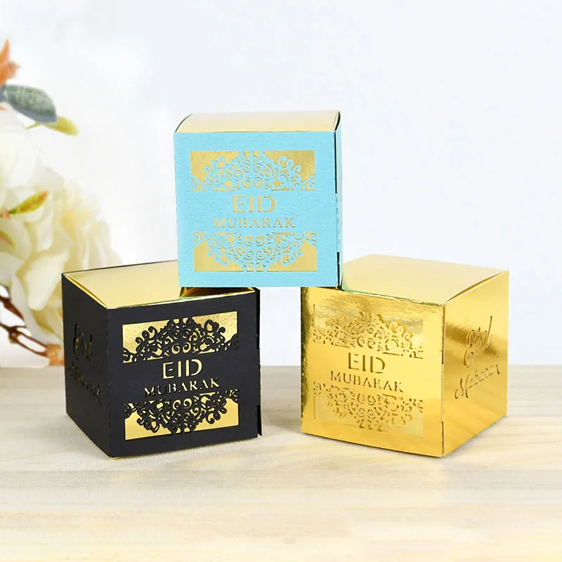 

5Pcs Gold Black White EID MUBARAK Paper Candy Box Square Biscuit Chocolate Gift Box Ramadan Decor Muslim Festival Party Favors