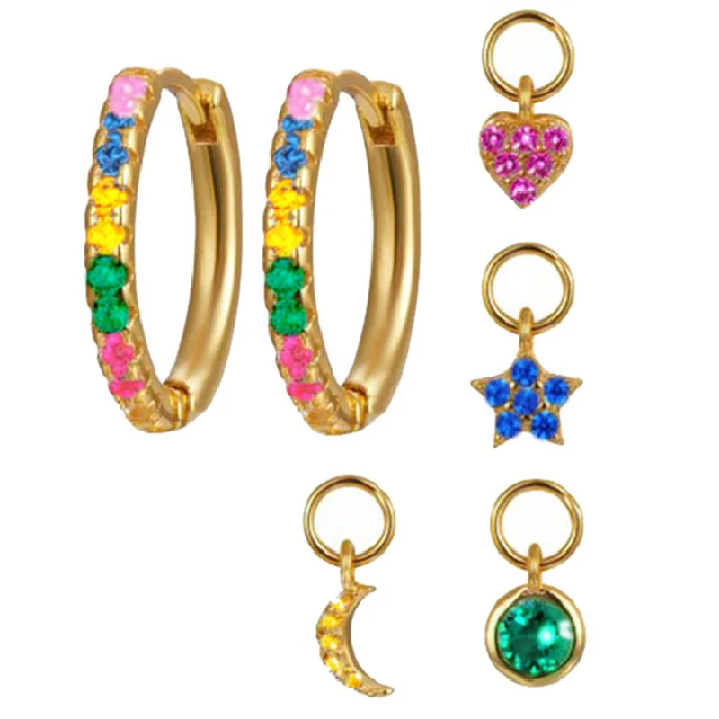 

925 Sterling Silver Four Small Pendants Moon/Star/Cross/Bead Hoop Earrings Minimalist Colorful Zircon CZ Earrings Best Gift