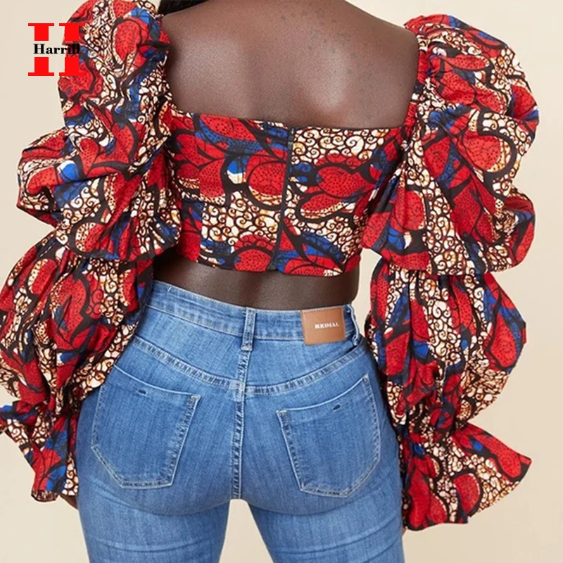 

Summer Tees Top Mujer T-shirts 2021 Puff Sleeve Harajuku Women Clothes Flower Printing Hollow Out Cropped Tops Slim Blouse Femme