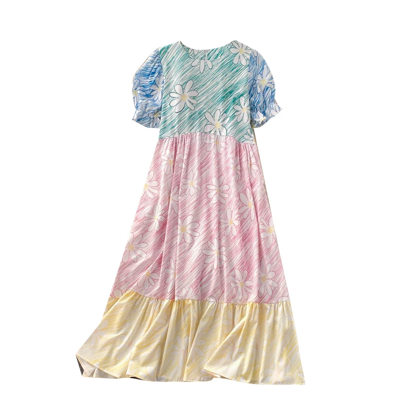 

Holiday vintage print beach dress womens dress summer women Korean women's loose midi long color matching maxi dress vestidos