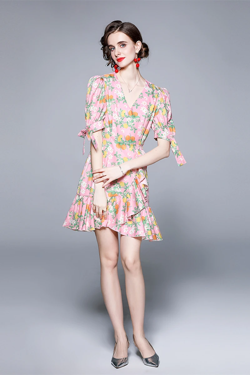 

2021 summer V-neck short-sleeved small fresh and thin French print design niche lotus leaf temperament floral skirt