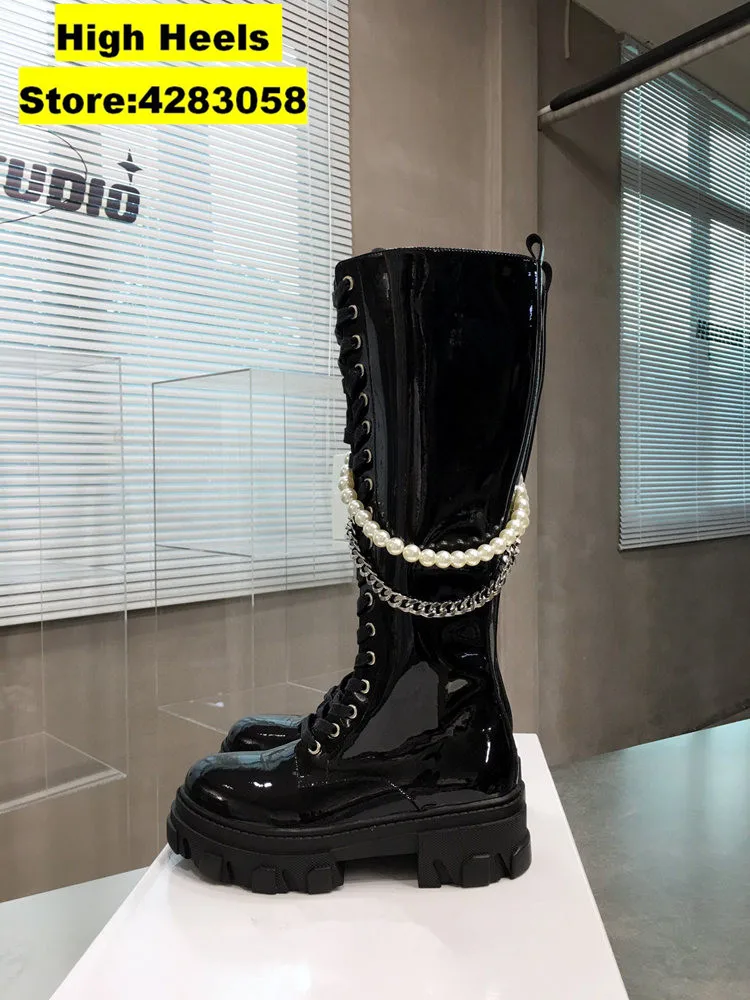 

Casual Designer Women Boots Black Patent Genuine Leather Chinas Pearls Lace Up Thick Sole Knee Boots Booties Zapatos Mujer