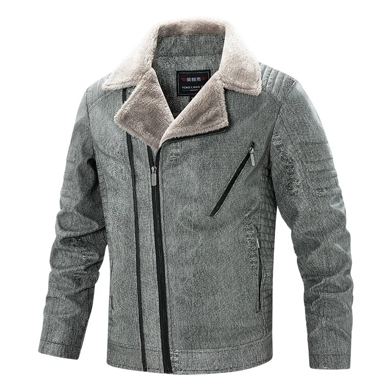 

ABOORUN Men's Fashion PU Leather Fleece Motorcycle Jackets Oblique Zipper Up Ripped Winter Warm Coat for Male