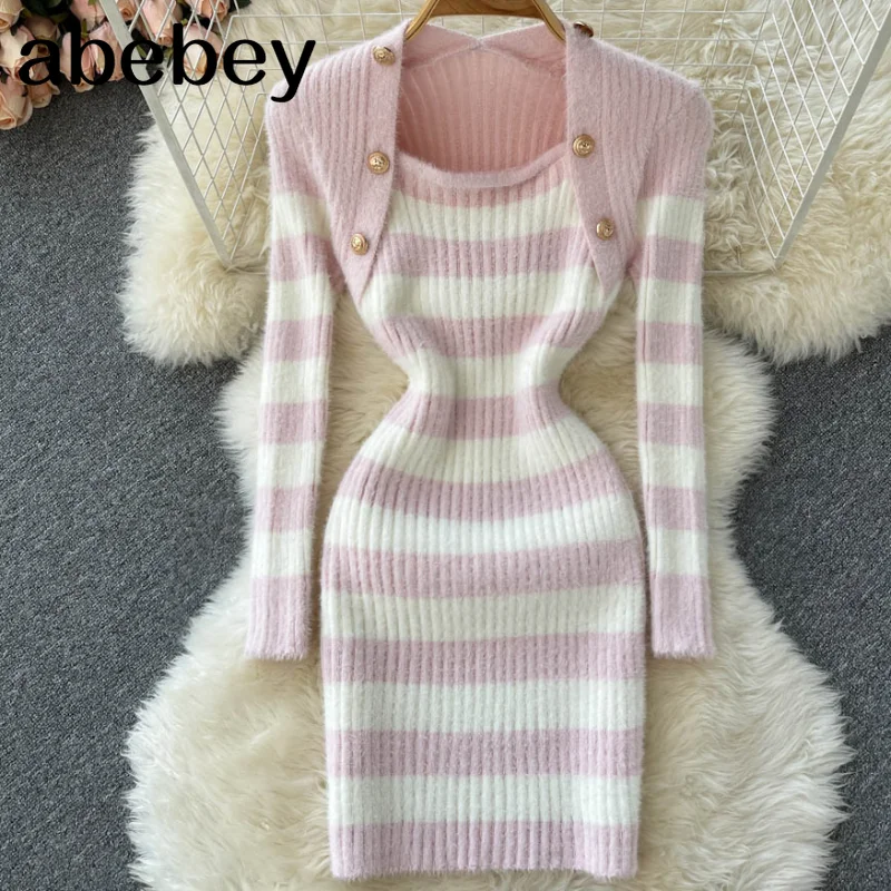 

Women Stripe Knitting Dress Retro Square Collar Elastic Slim Pencil Dresses Spring Long Sleeve Bodycon Sweater Dress