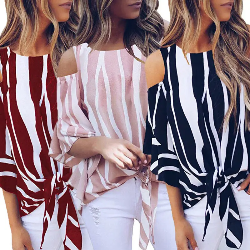 Женская блузка в полоску с открытыми плечами и коротким рукавом | одежда