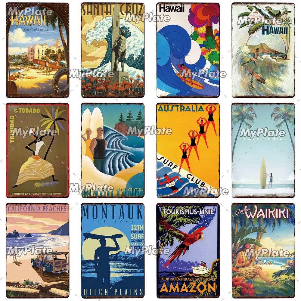 Металлический знак для пляжа Жестяная Табличка серфинга Настенный декор бара