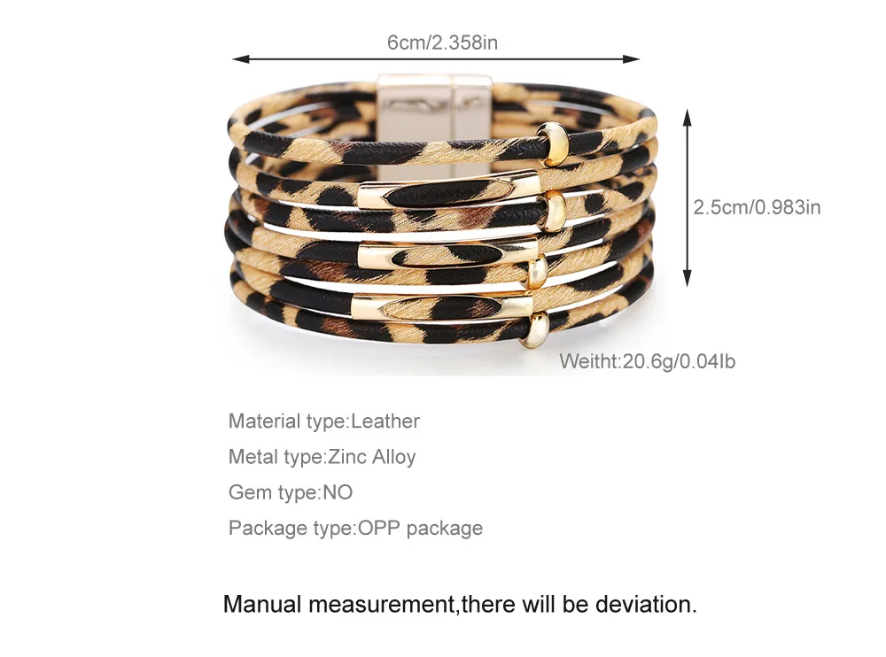 

Creative Multi-circle Leather Women's Bracelet Leopard Print Multi-layer Beaded Magnetic Buckle Cuff Charm Female Bangle Jewelry