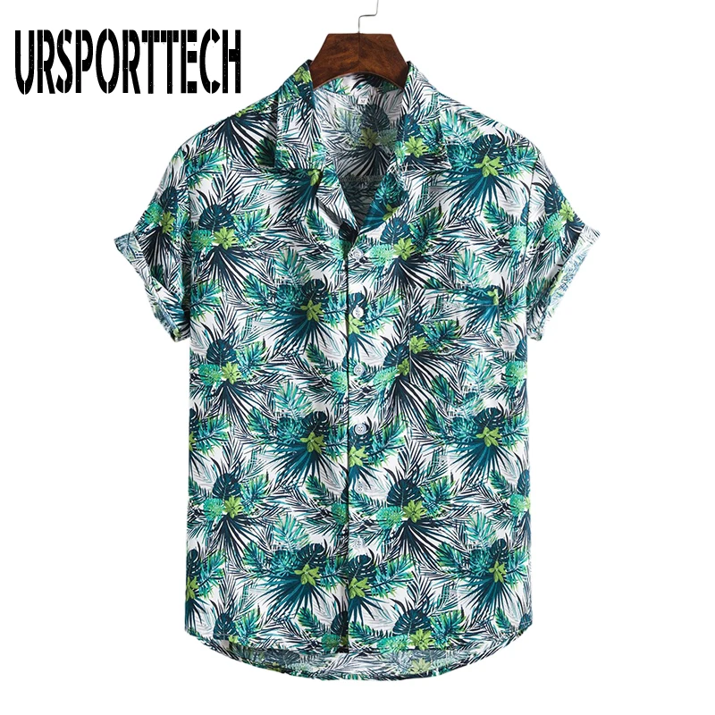 URSPORTTECH New Fashion Summer Men Shirt Short Sleeve Print Shirt Men Blouse Plus Size Shirt  Business Casual Slim Fit Clothing