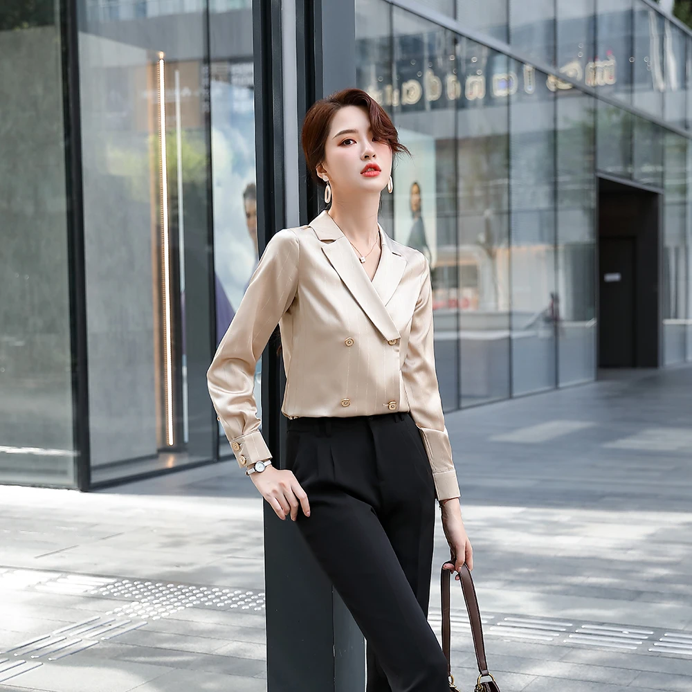 

Elegant Spring/Autumn Female Clothing Striped Double Breasted Women Tops and Blouses Casual Office Ladies Shirts Plus Size S-4XL