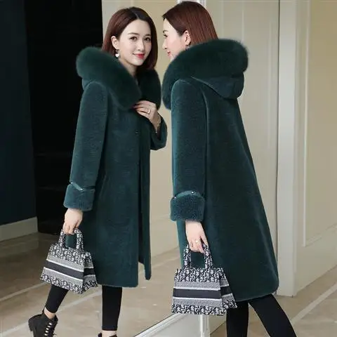 

2020 New Winter Women Korean Real Fur Coat Female Natural Fox Fur Collar Hooded Genuine Sheep Shearling Long Overcoats H278