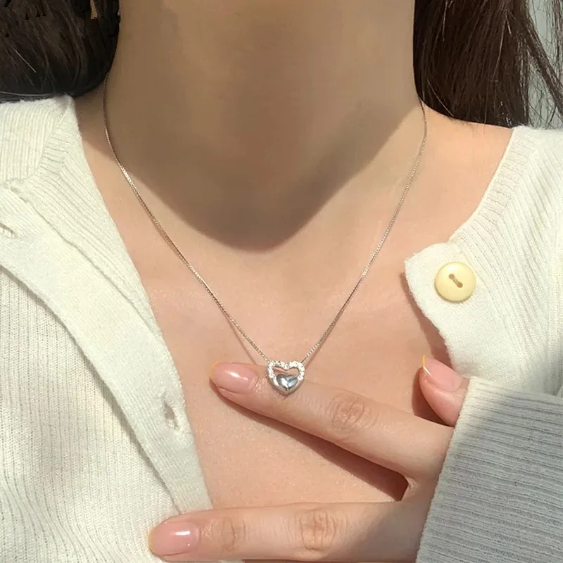 

925 Sterling Silver Zircon Heart Charm Necklace For Women Creative Link Chain Pendant Elegant Party Wedding Jewelry dz681