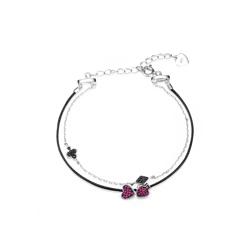 

100% S925 sterling silver inlaid zircon playing card personality black rope multi-layer bracelet fashion women jewelry