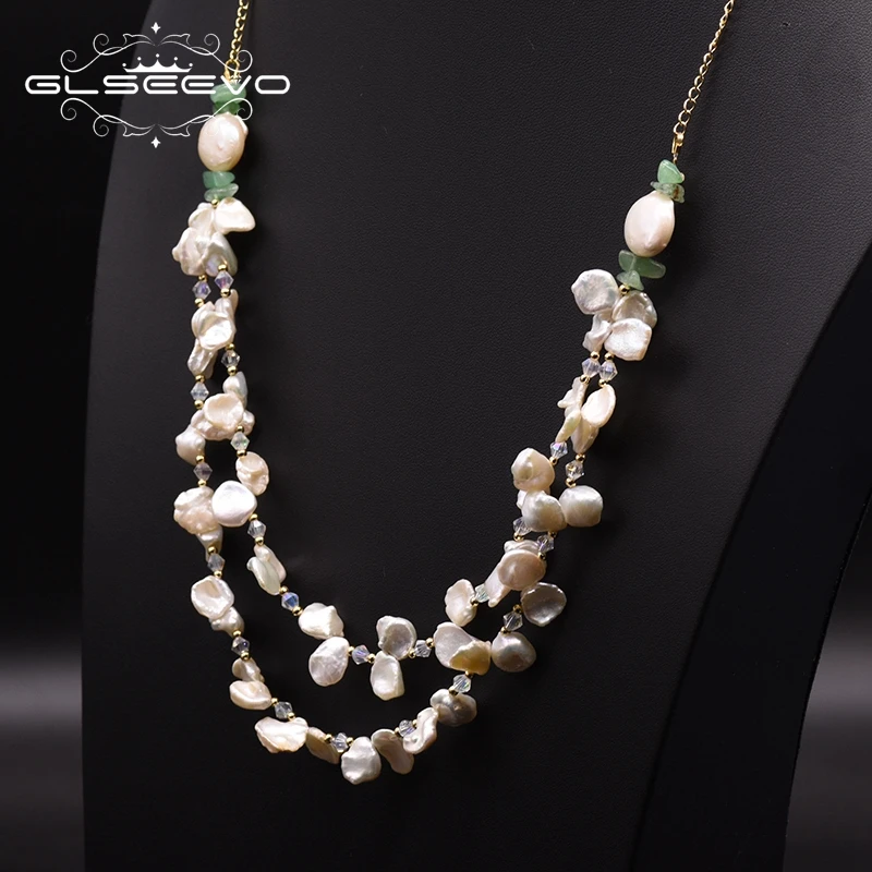 

GLSEEVO Handmade Natural Baroque Pearl Double Layer Chokers Necklace Flower Choker Necklace Women Wedding Luxury Jewlery GN0173