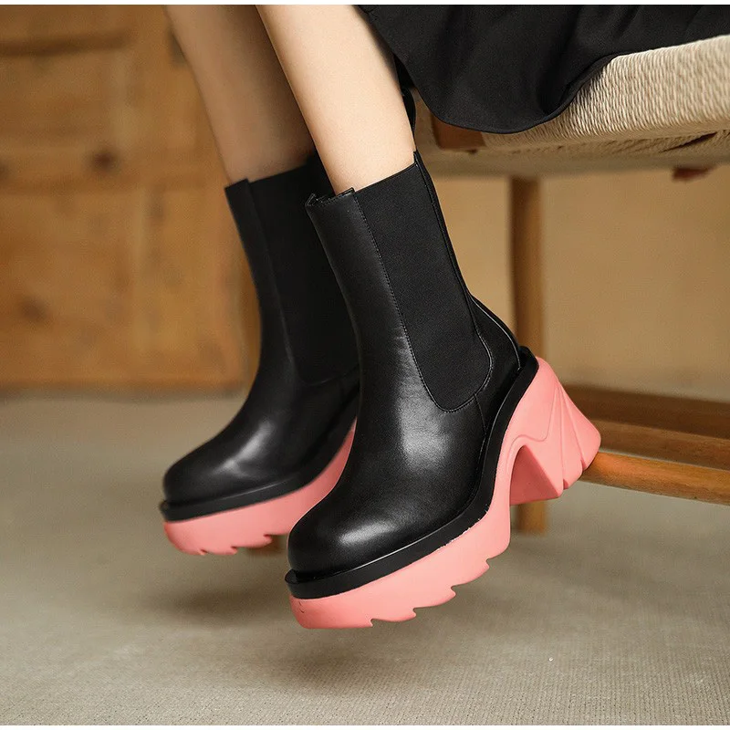 

2021 New Women Mixed Color Ankle Boots Thick Bottom Slip On Low Heels Breathable Retro Casual Rome Style Females Elastic Shoes