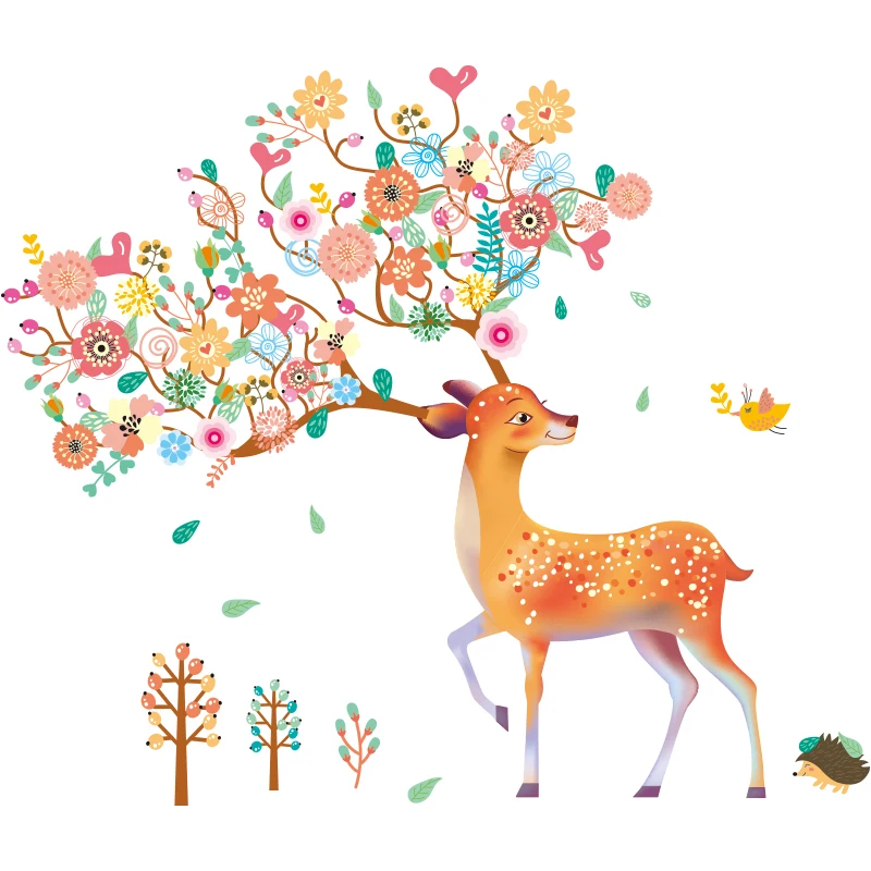 

[shijuekongjian] Tree Branch Leaves Wall Stickers DIY Deer Animal Wall Decals for Living Room Kids Bedroom House Decoration
