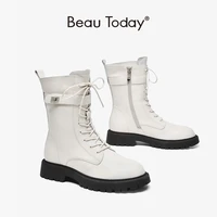 beautoday ankle boots women genuine cow leather side zip welt strap button round toe fashion lady shoes handmade 02363