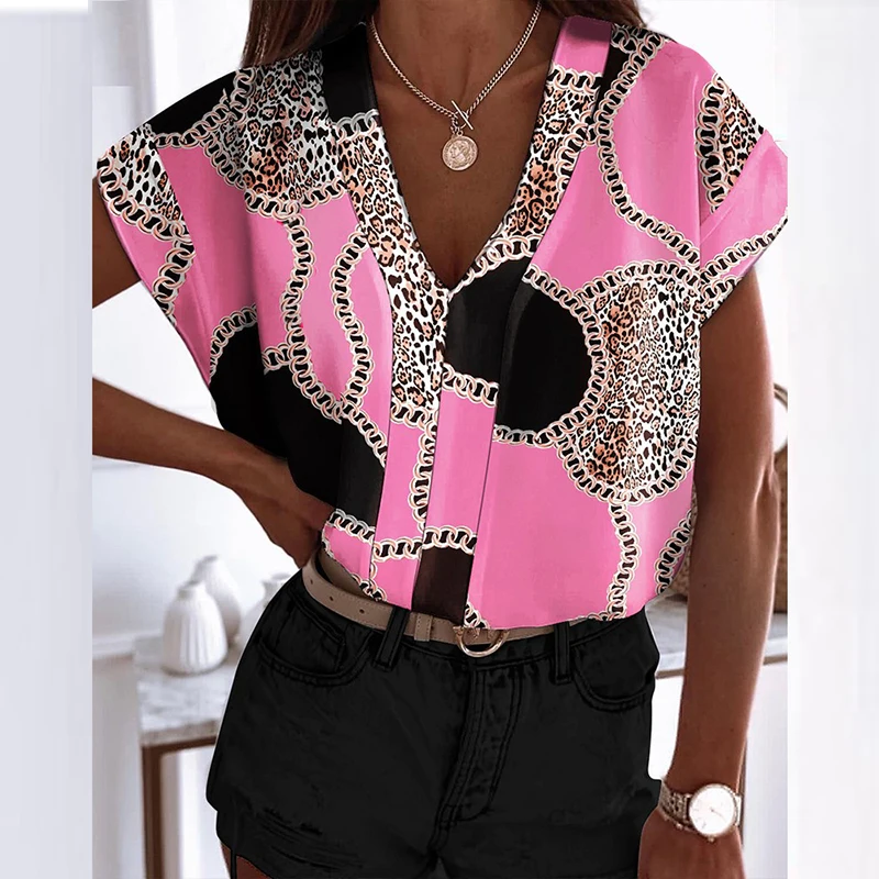 

Women Shirt Top V-Neck Print Blouse Elegant Short Sleeve Casual Loose Pullover Shirt Streetwear 2021