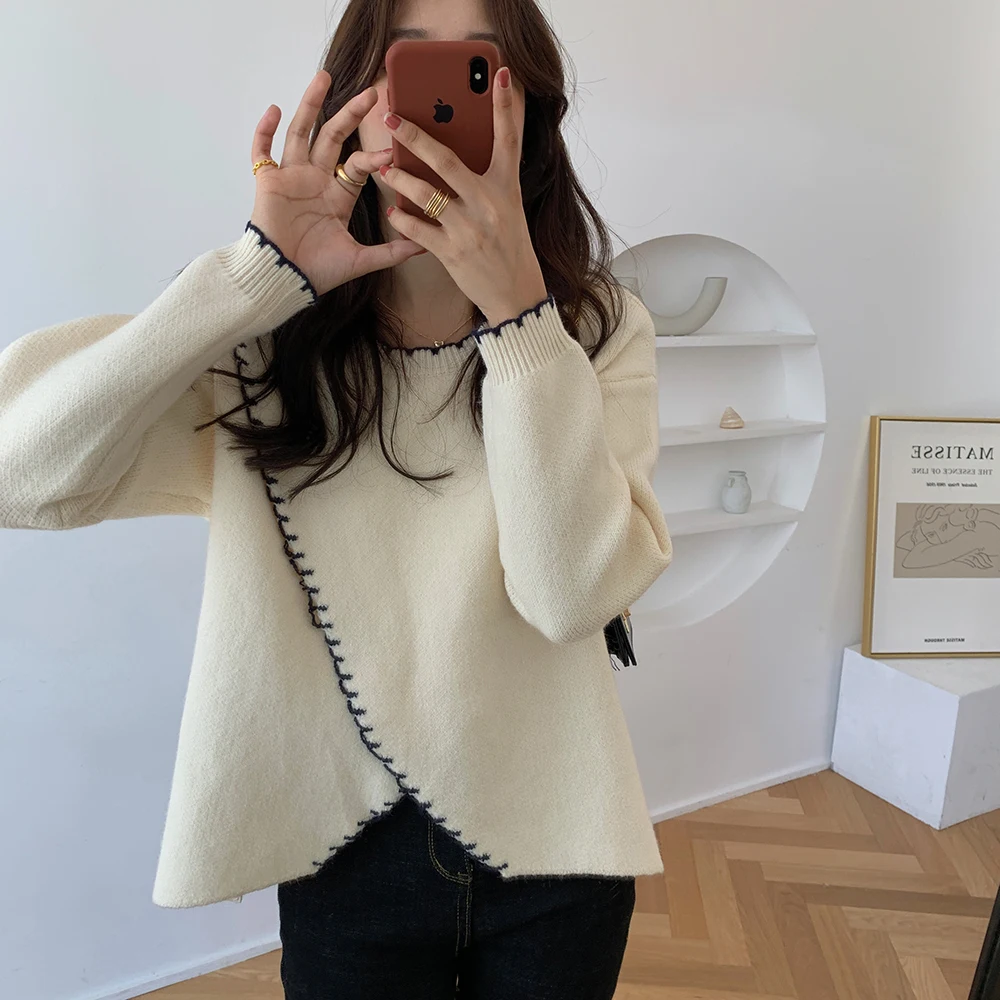 

New Winter Retro Solid Pullover French Style Elegant Western Style Side Slitthick Knitted Soft Warm Mid-length Sweater Women