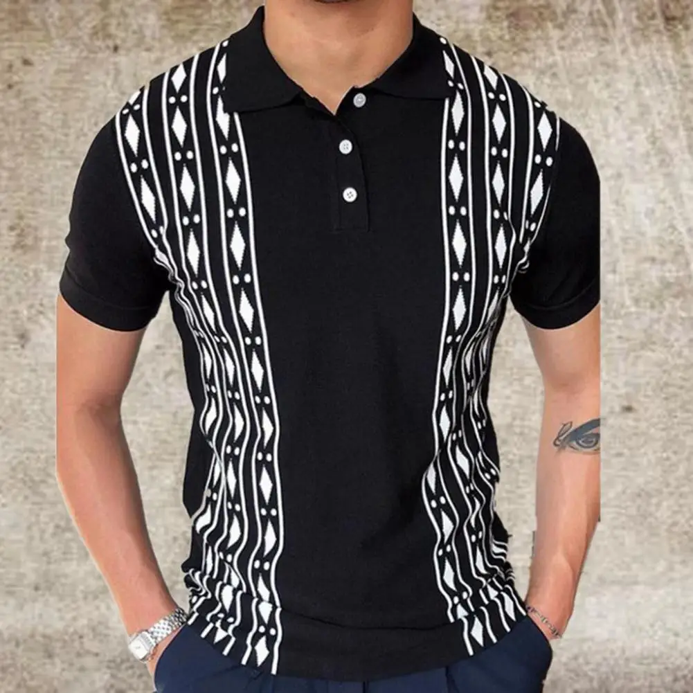 

Cool Men Turn-down Collar Shirt Contrast Color Breathable Buttons Short Sleeve Knitted Shirt Short Sleeve Slim Men Shirts