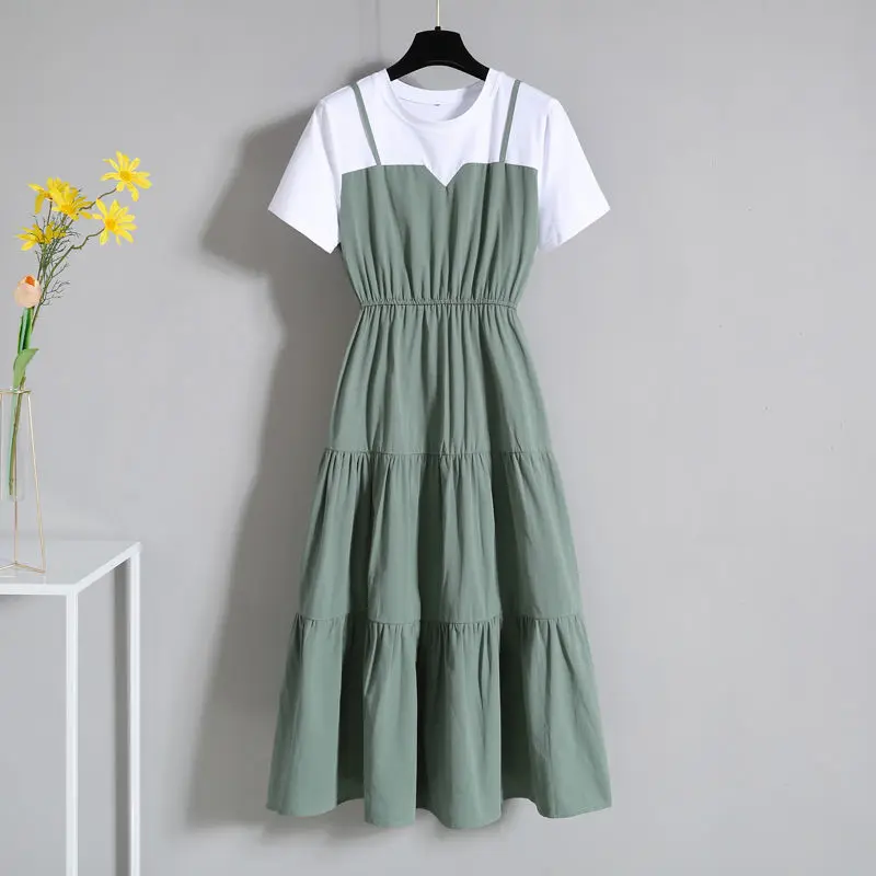 

New 2021 Dress Women Ruffles Fake Two-piece Long Dress Summer Short-sleeved Dress Female Fashion Plus Size Clothing for Women