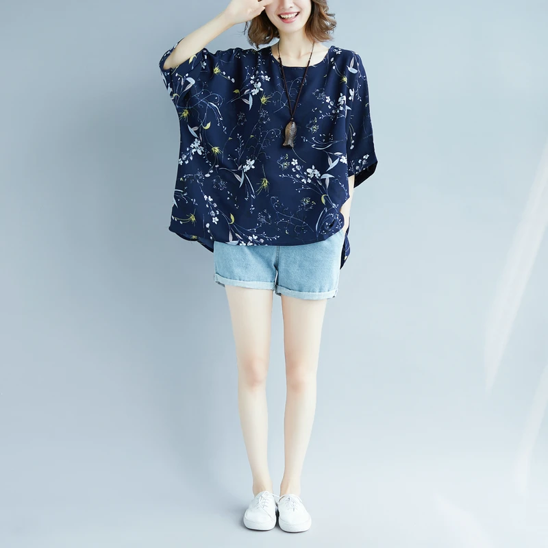 

Summer Large Size 8XL 9XL 10XL Bust 156CM Round Neck Loose Casual Big Bat Sleeve Print Chiffon Shirt